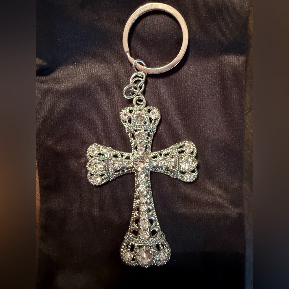 Silver Rhinestone Cross Keychain